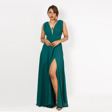 Load image into Gallery viewer, Grecian Plunge Neck Flared Evening Gown w/ Slit
