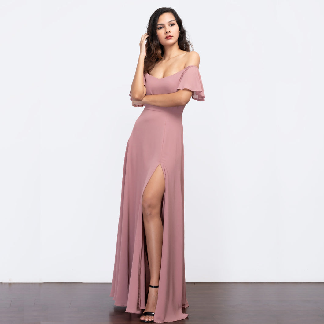 Off Shoulder Frill Sleeve Evening Gown