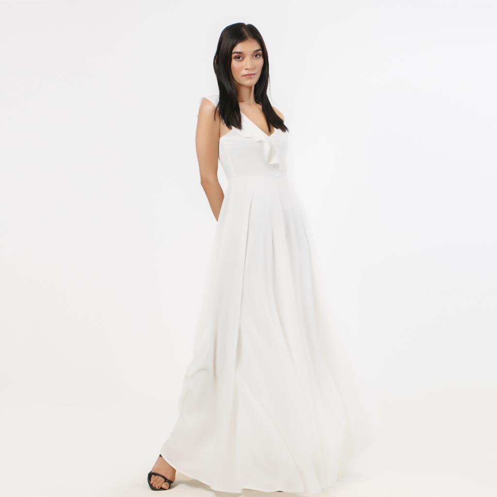 One Sided Frill Top Evening Gown w/o Slit