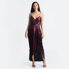 Load image into Gallery viewer, Mock Wrap Pleated Metallic Evening Gown
